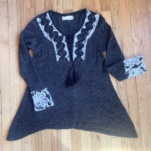 A’Reve for Anthropologie sweater with lace detailing and tassel closure
